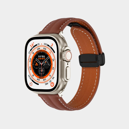 Magnetic Folding Buckle Groove Leather Band  For Apple Watch